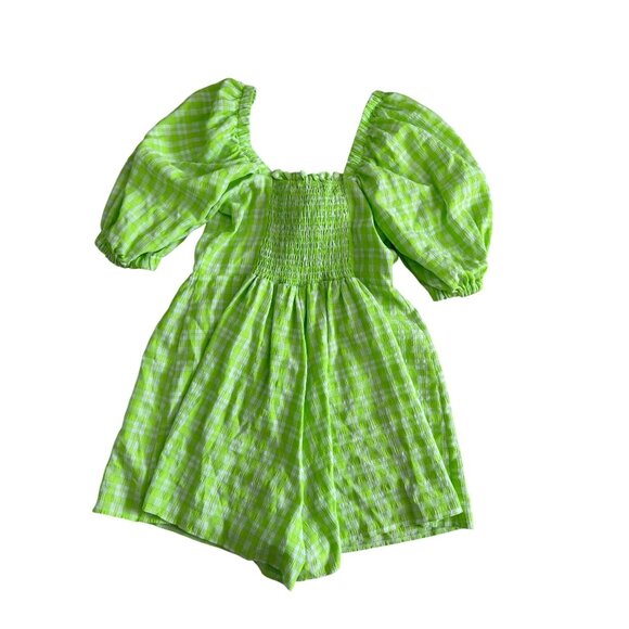 TOPSHOP Green White Gingham Plaid Puff Sleeve Romper Size US 4 - Picture 2 of 7
